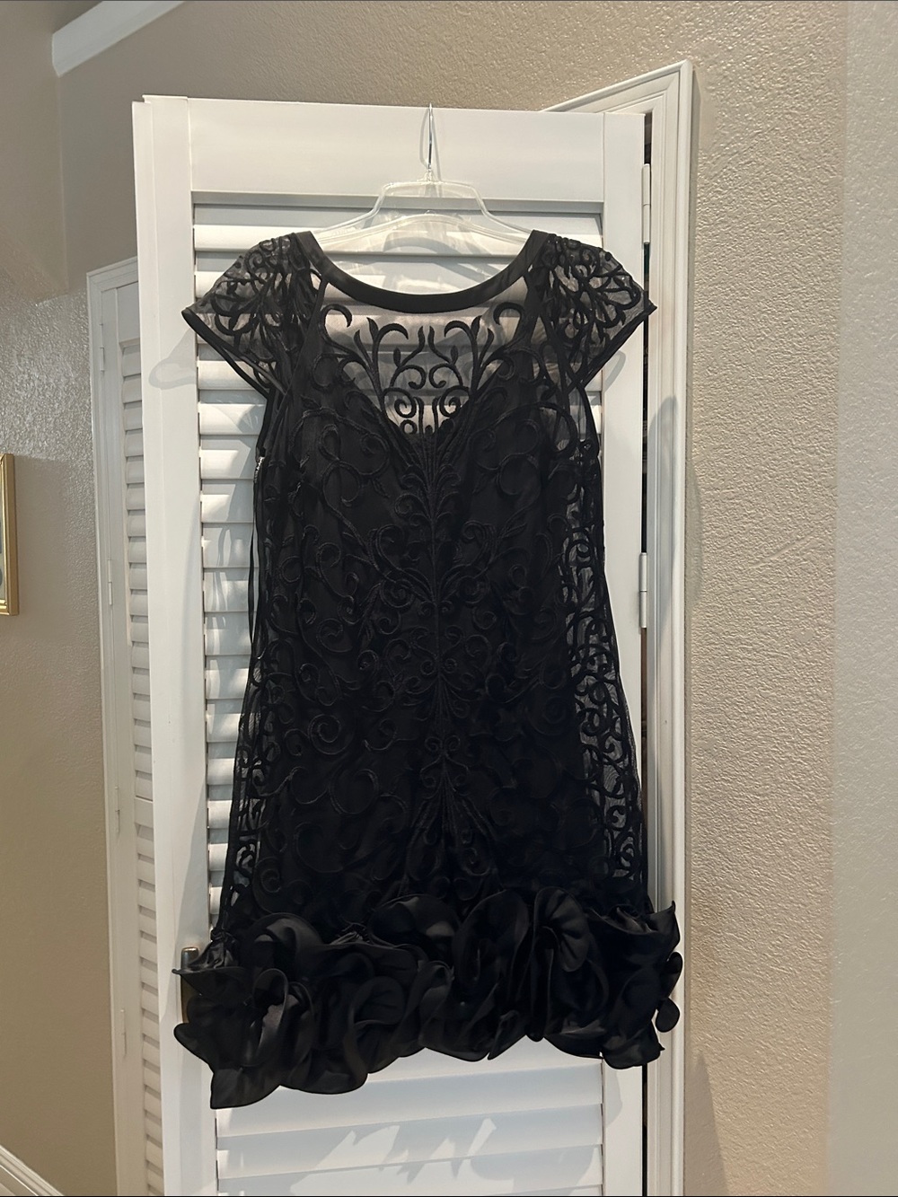 Guess Black Embroidered Mini Dress with Ruffled Hem